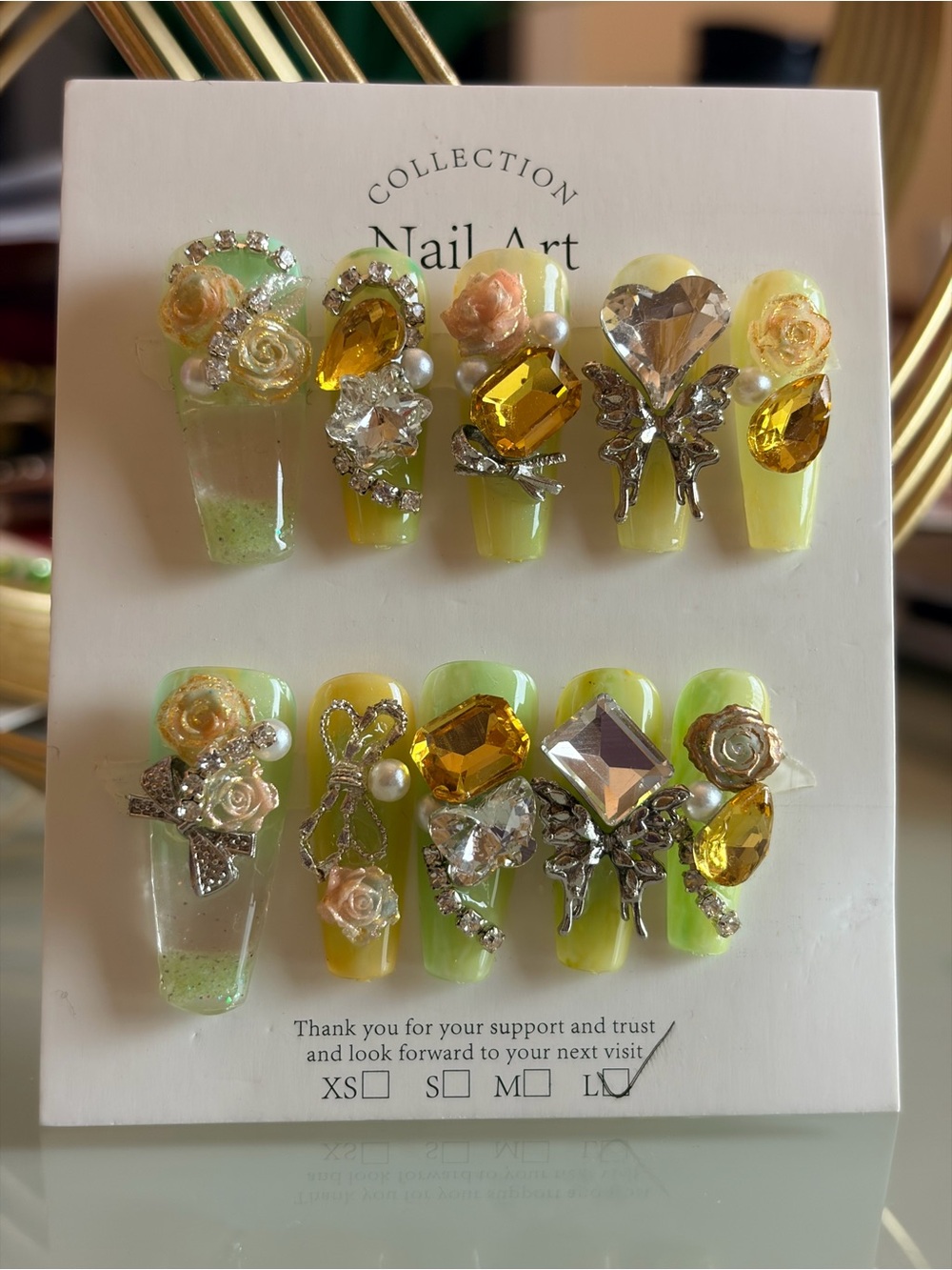Handcrafted Yellow-Green 3D Jewel Water Press-On Nails-Large